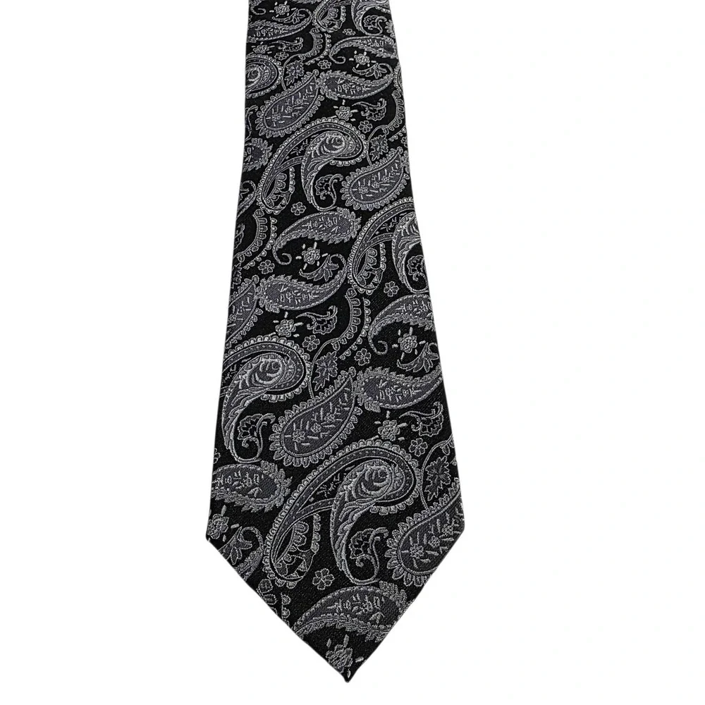 NWT Pronto Uomo Paisley Silk Tie Black Silver Stains Liquid‎ Repellent Hand Made